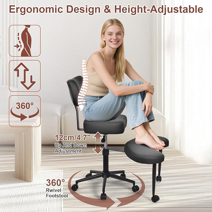 Meditation Chair, Cross Legged ADHD Office Chair for Adults with Wheels Ergonomic Back Support and Leg Rest for Multi Position Criss Cross Sitting Kneeling and Yoga Height Adjustable, Leather Style