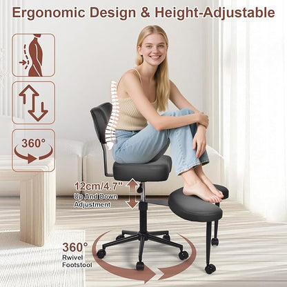 Meditation Chair, Cross Legged ADHD Office Chair for Adults with Wheels Ergonomic Back Support and Leg Rest for Multi Position Criss Cross Sitting Kneeling and Yoga Height Adjustable, Leather Style