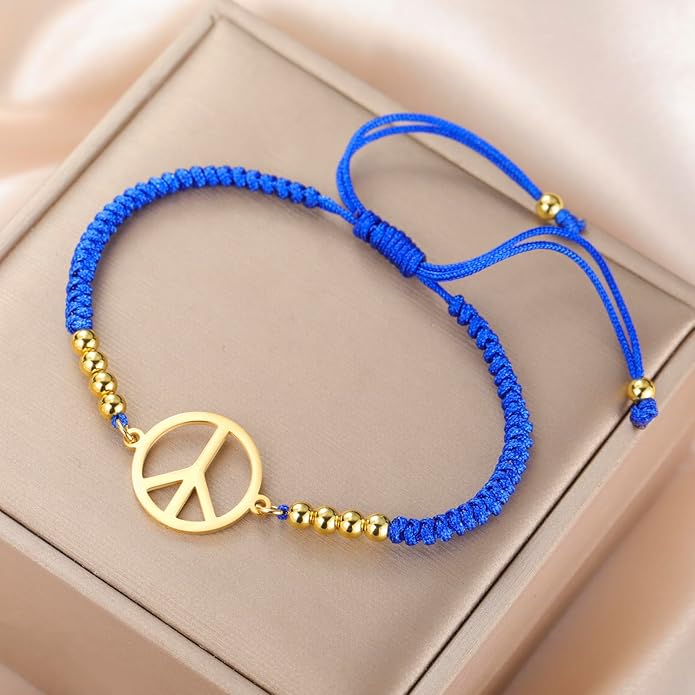 LIKGREAT Peace Sign Pendant Bracelet for Women Peace Symbol Adjustable Handmade Braided Wax Cords Beaded Bracelet