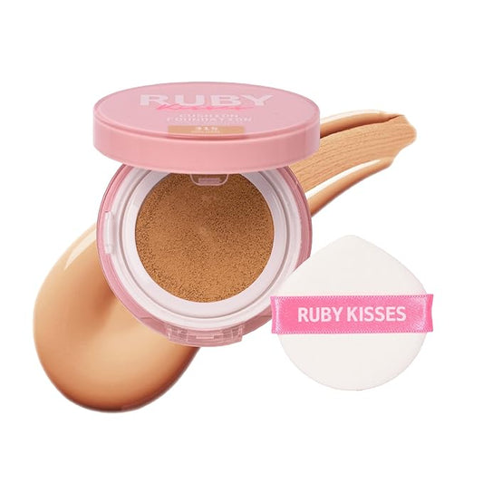 Ruby Kisses Cushion Foundation, Full Coverage Korean Makeup, Lightweight & Long Lasting, All Day Natural Glowy Finish for All Skin Types with Hyaluronic Acid & Bakuchiol (Golden, 0.52 Ounce)