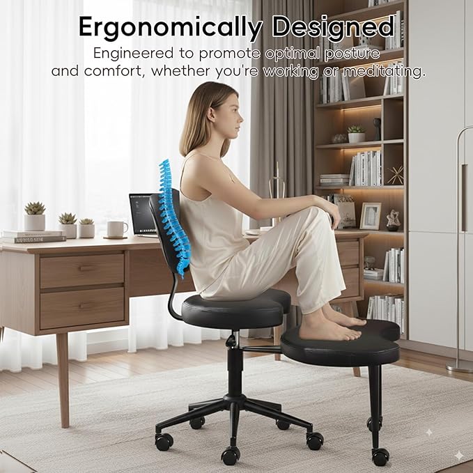 Meditation Chair with Wheels, Ergonomic Criss Cross Chair, Adjustable ADHD Floor Sitting Chair, Swivel Cross Legged Office Chair with High Back, Kneeling Posture Chair, Pu Leathe,Black