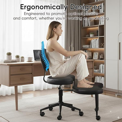 Meditation Chair with Wheels, Ergonomic Criss Cross Chair, Adjustable ADHD Floor Sitting Chair, Swivel Cross Legged Office Chair with High Back, Kneeling Posture Chair, Pu Leathe,Black