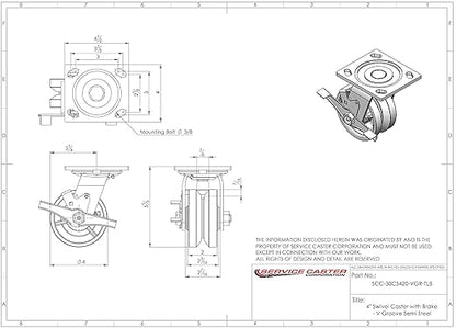 V Groove Semi Steel Cast Iron Swivel Top Plate Heavy Duty Caster with 4 Inch Wheel and Top Lock Brake – 800 lbs. Capacity/Caster - Service Caster Brand