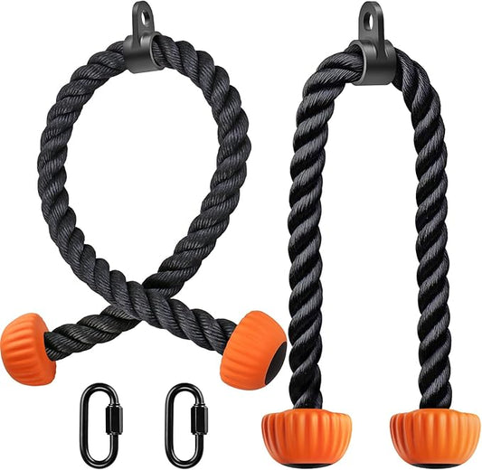 SELEWARE Triceps Rope with Non-Slip Soft Rubber Ends Home Gym Cable Attachment Workout Accessories 28 & 36 inches Long LAT Pulldown Attachment Black and Orange
