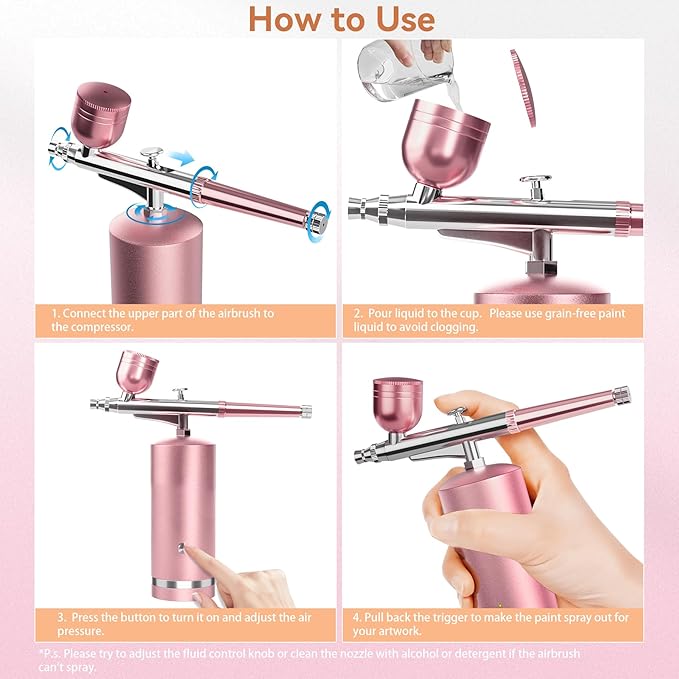 Airbrush Kit With Compressor - 48PSI Rechargeable Cordless Non-Clogging High-Pressure Air Brush Set with 0.3mm Nozzle and Cleaning Brush Set for Nail Art, Makeup, Painting, Cake Decor (Pink)