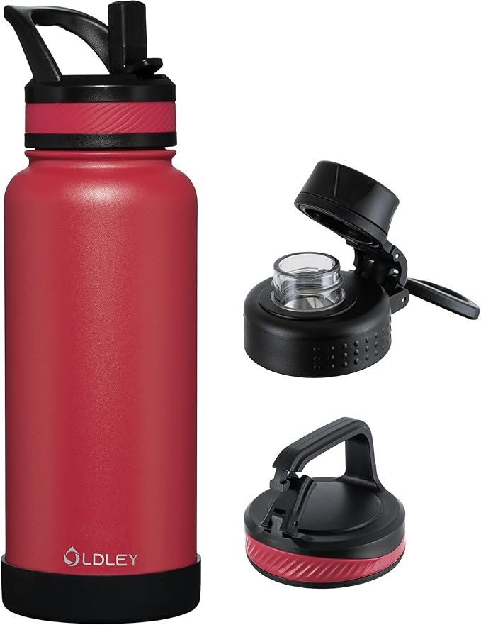 OLDLEY 32 oz Insulated Water Bottle With Straw, Stainless Steel Sports Water Cup Flask with 3 Lids(Straw, Spout and Handle Lid) Double Walled Travel Thermal Canteen Mug,Fire Red