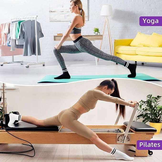 Jeyiour 4 Pairs Womens Pilates Socks with Grip Long Non Slip Yoga Crew Socks for Barre Hospital Home Workout