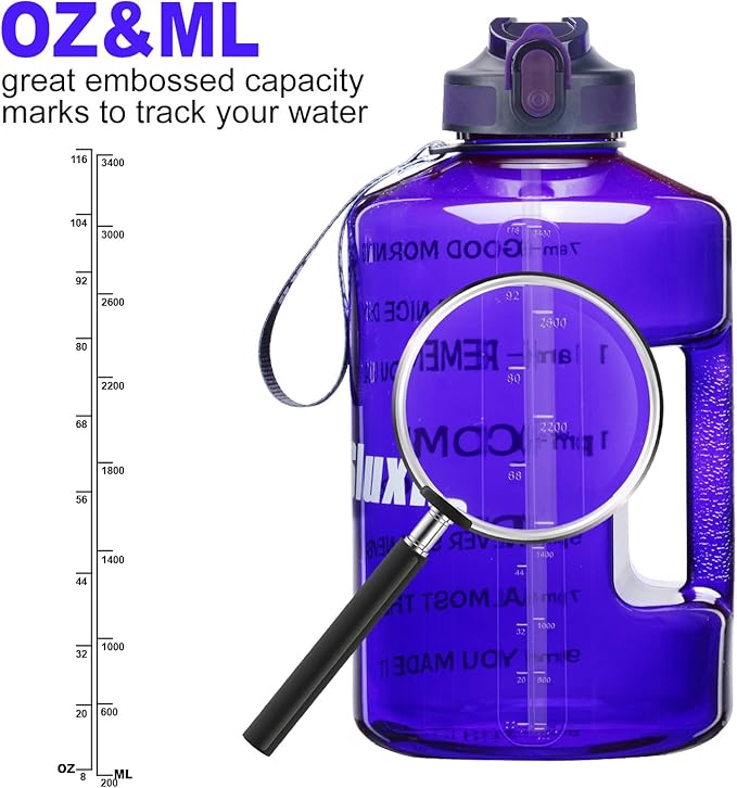 1 Gallon Motivational Sports Water Bottle with Time Marker, BPA Free 128oz Leak Proof Jug, Black, Plastic, 128 ounces, Fitness, Sports, Outdoor Activities