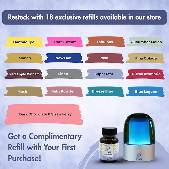 G's Breeze Smart Aroma Diffuser with 60ml Superstar Scent Refill – Bluetooth & Wi-Fi App Control, LED Lighting, Adjustable Intensity, Long-Lasting Fresh Clean Masculine Fragrance for Home or Office