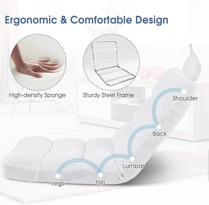 RELAX4LIFE Floor Chair with Back Support - 14-Position Adjustable Lazy Sofa Chair, Padded Sleeper Bed & Couch Recliner for Reading Meditation, Folding Floor Gaming Chair for Adults (White)