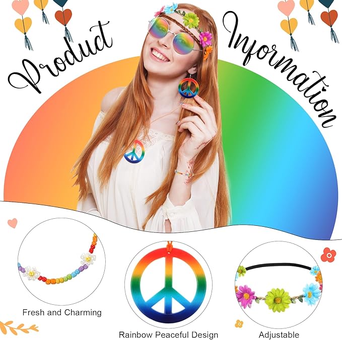Batiyeer 6 Pcs Hippie Costume Accessories Set, Boho Peace Sign Daisy Flower 60s 70s Party Favors Decor for Groovy Party Women