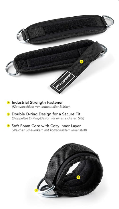 Fitgriff® Ankle Straps V3 for Cable Machine (2 Pieces) - Gym Workout Equipment - Leg Pulley Attachment, Kickback Straps