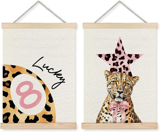 JINYO Leopard Wall Decor, Trendy Coquette Bow Cheetah Lucky 8 Ball Wall Art Poster, Cheetah Print Room Decor, Funky Preppy Leopard Posters for Girls Dorm Apartment, 12x16 Inches Set of 2