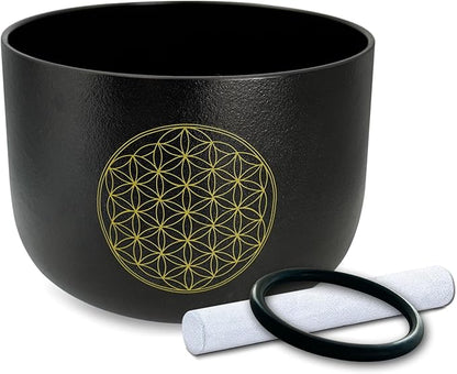 10 inch C Note Life of Flower Black Crystal Singing Bowl Root Chakra Meditation Sound Healing with Durable Carrying Case Suede Mallet Striker O-ring