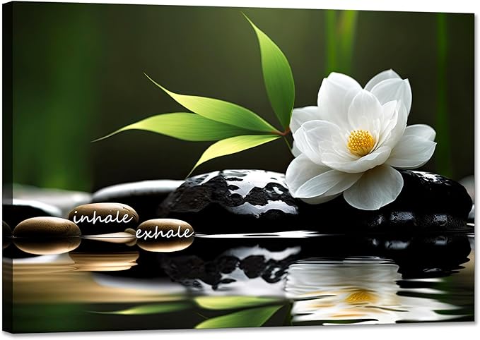 YIOZHAOFH Lotus Flower Wall Art Zen Canvas Inhale Exhale Poster Black Spas Nature Prints Pictures for Meditation Wall Decor Framed Artwork Ready to Hang (28.00" x 44.00")