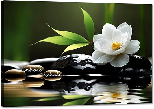 YIOZHAOFH Lotus Flower Wall Art Zen Canvas Inhale Exhale Poster Black Spas Nature Prints Pictures for Meditation Wall Decor Framed Artwork Ready to Hang (28.00" x 44.00")