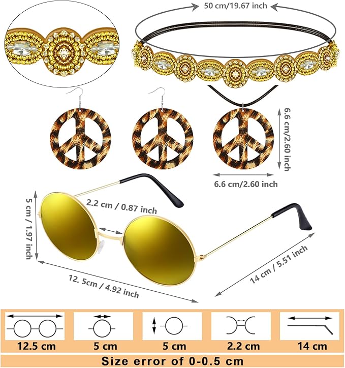 6 Pcs 60s 70s Outfits for Women Hippie Costume Set Peace Sign Earring Headband Fringe Vest Tassel Cardigan