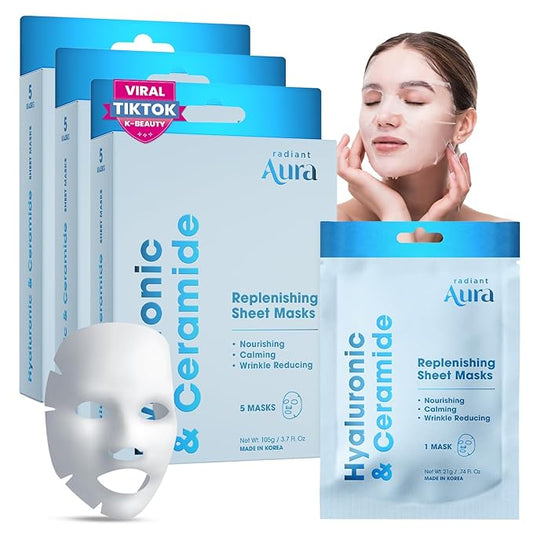 Hyaluronic and Ceramide Sheet Mask - Korean Face Mask for Hydrated and Soft - Looking Skin - Collagen Facial Mask for Calming & Smoothing – Pack of 15