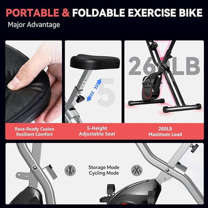 Foldable Exercise Bike for Small Apartments, Stationary Bikes for Home, Indoor Portable Cycling Bike with 16-Level Magnetic Resistance, 260LBS Capacity, 5.5 LBS Flywheel, Designed for Small Space Workout 816