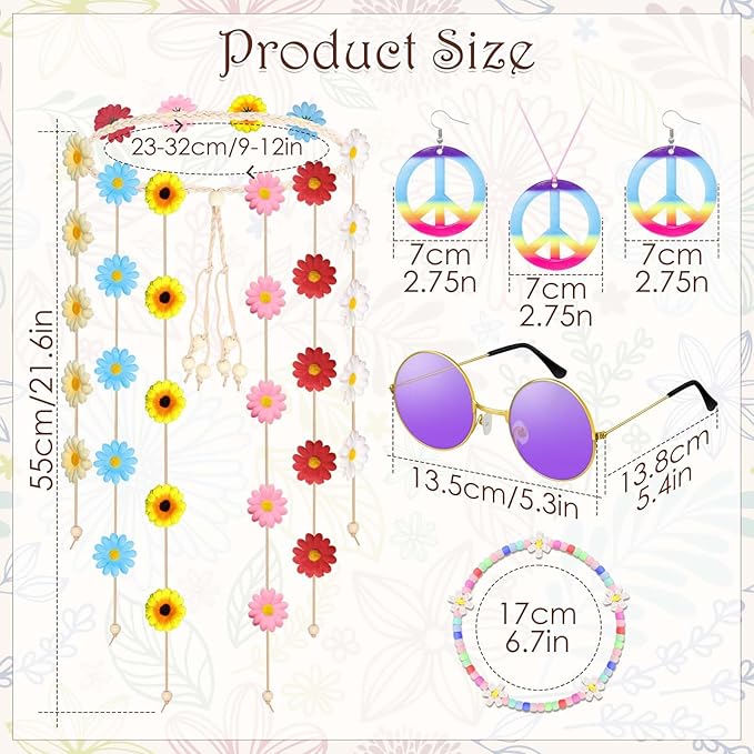 6 Pcs Hippie Costume Accessories Set, Flower Hippie Headband Boho Peace Sign Necklace Earrings Sunglasses Bracelet