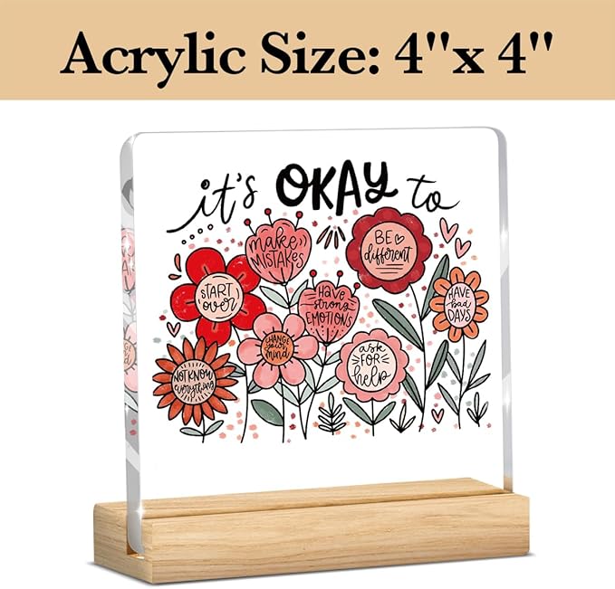Mental Health Decor, Motivational Gifts for Women Men, Boho Floral Inspirational Kindness Acrylic sign with Wooden office Accessories Bedroom Dorm Apartment Decor-It's okay to