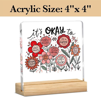 Mental Health Decor, Motivational Gifts for Women Men, Boho Floral Inspirational Kindness Acrylic sign with Wooden office Accessories Bedroom Dorm Apartment Decor-It's okay to