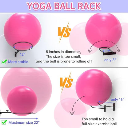 Universal Wall Mounted Yoga Ball Holder 12 Inch, Adjustable Metal Exercise Ball Storage Rack for 14-30 Inch Stability Balls, Stability Ball Holder for Home Gym/Garage (2pack)