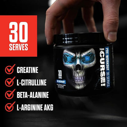 JNX SPORTS The Curse! Pre Workout Powder for Men & Women, Caffeine, Beta-Alanine, Creatine, L-Citrulline, 30 Servings, Blue Raspberry Flavor – Boost Energy, Strength & Focus