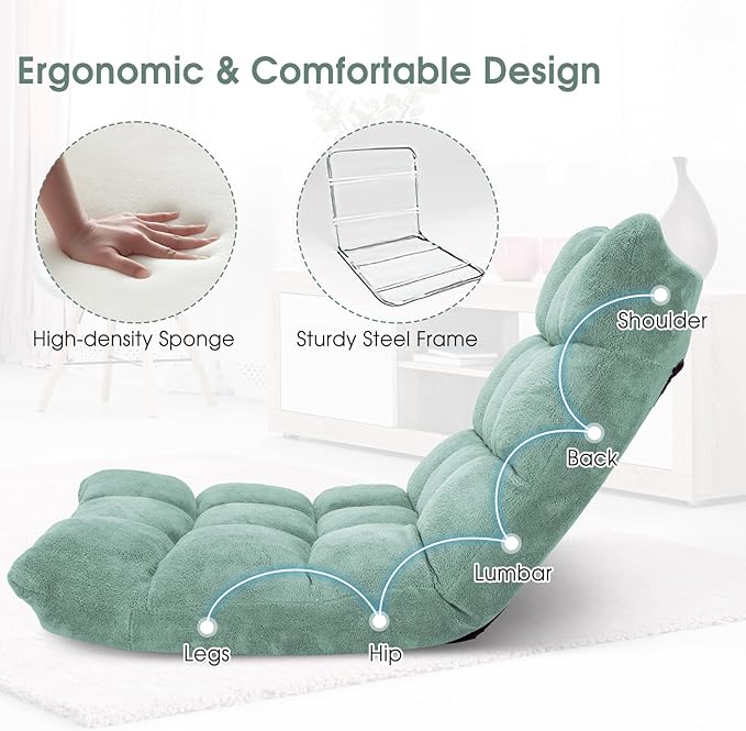 Giantex Floor Chair with Back Support, 14 Adjustable Position, Padded Sleeper Bed, Couch Recliner, Gaming Floor Chairs for Adults, Meditation, Gaming Chair Floor, Green