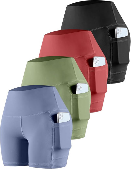 CHRLEISURE Womens Biker Yoga Shorts with Pockets: High Waisted Tummy Control Spandex Workout Athletic Gym Shorts 4 Packs