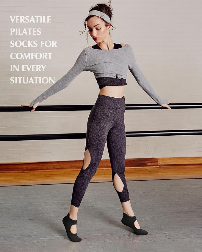 yeuG Grip Pilates Socks for Women Yoga Socks with Grips Open Top Non Slip Grippy Socks for Barre, Ballet, Barefoot Workout