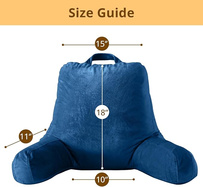 Sasttie Reading Pillow, Velvet Back Pillow for Bed Sitting Up, Adult Back-Rest Support Cushion with Arms for Sit Up on Couch, Sofa, and Floor, Dorm Essentials, Reading Accessories, Navy