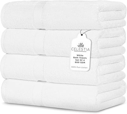 600 GSM 100% Cotton Bath Towels, White, Set of 4, Highly Absorbent, Plush, Soft, Quick Dry, 4 Pieces Combed Cotton Luxury Towels for Hotels, Spa, Salon, Bathroom, Dorm, Pack of 4