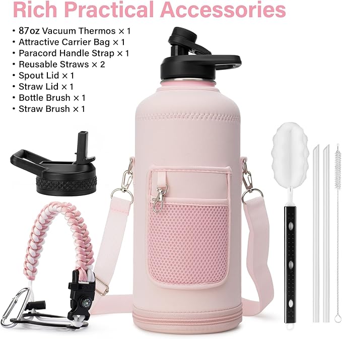 Insulated Water Bottle | Thickened Stainless Steel for Gym and Hiking with Straw, Carrier Bag, Handle Strap | BPA-Free 87 oz