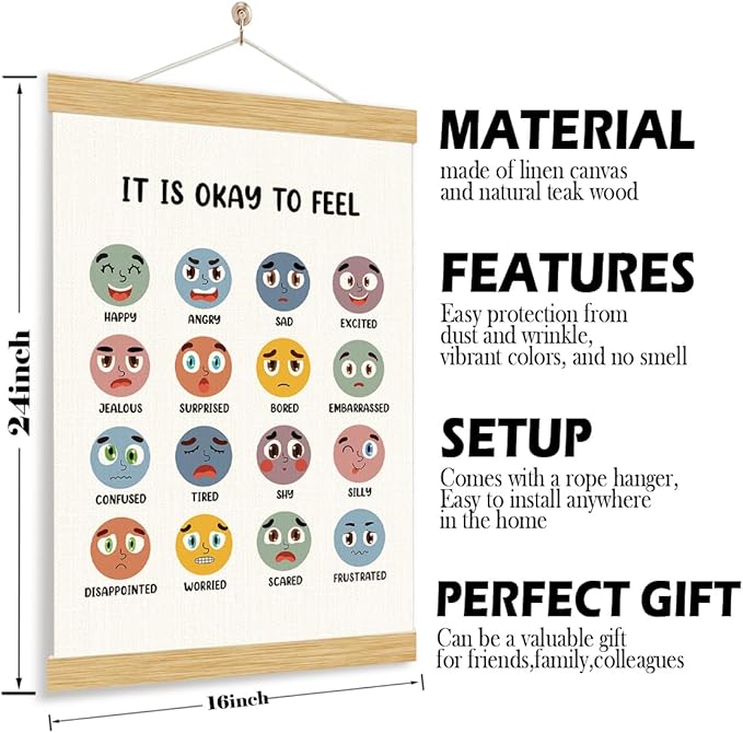 YGSDZY It's Okay To Feel, Boho Classroom Decor, Wood Poster Hanger, Feelings Chart Poster, School Psychology, Mental Health Posters, Classroom Posters, Homeschool Decor