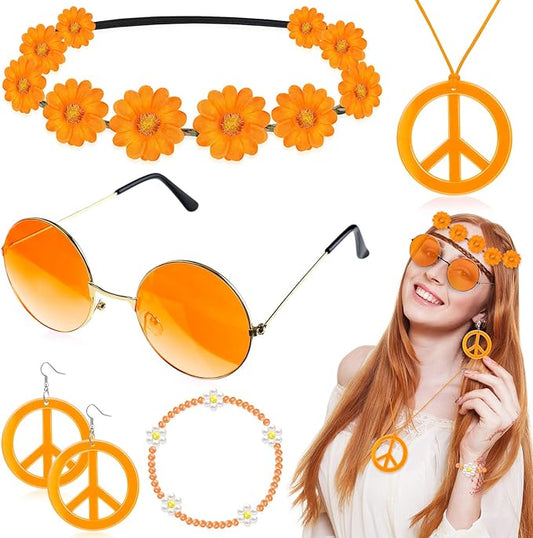 Batiyeer 6 Pcs Hippie Costume Accessories Set, Boho Peace Sign Daisy Flower 60s 70s Party Favors Decor for Groovy Party Women