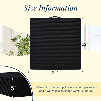 Solid Square Floor Pillows for Adults Kids - Large Meditation Floor Pillow Seating Cushion with Thick Foam & Washable Velvet Cover, 2 Pack, 22x22x5 Inch, Black