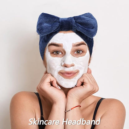 VELSCRUN Spa Headbands for Wash Face, Makeup Headband, Facial Skincare Headbands, 5 Pcs Dark Blue Puffy Sponge Spa Headband Bow Tie Hair Band Hair Clips Wristband Set Women Girls Accessories