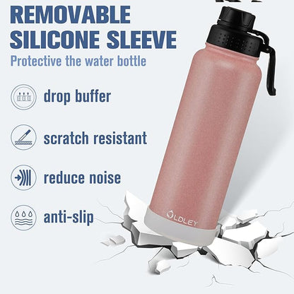 OLDLEY 40 oz Insulated Water Bottle With Straw, Stainless Steel Sports Water Cup Flask with 3 Lids(Straw, Spout and Handle Lid) Double Walled Travel Thermal Canteen Mug,Rose Gold