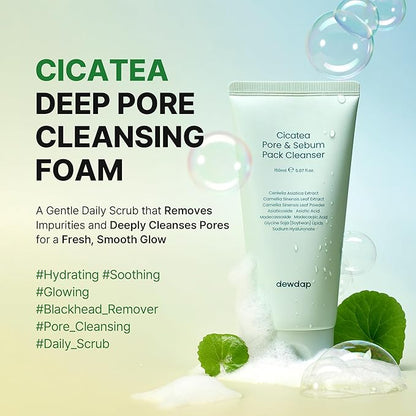 Cicatea Pore Sebum Facial Cleanser, Face Mask, Gentle Scrub, Face Wash with Centella Asiatica Hyaluronic Acid, Blackhead Remover Care, All Skin Types, Korean Skincare (5.07 Fl Oz / 150ml)