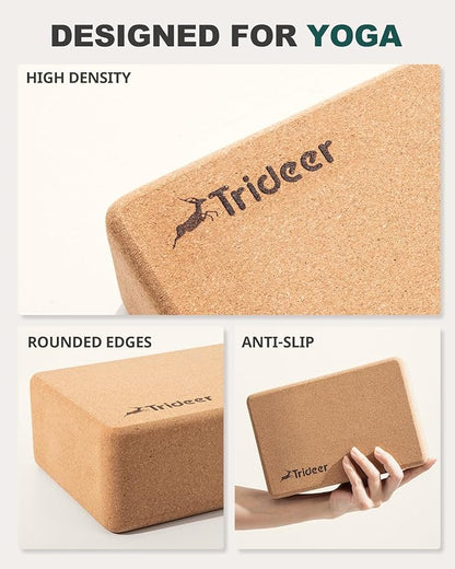 Trideer Cork Yoga Blocks, 2 Pack Natural Cork Blocks, High Density with Non Slip Surface, Eco-Friendly Accessories and Ideal for Yoga, Pilates, Stretching