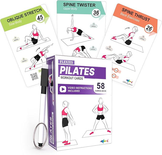 Pilates Workout Cards - 58 Exercise Cards with Pilates Mat Workout Postures, Video Instructions & Breathing Tips | Free Ring & Dry-Erase Marker to Create at home pilates womens workout planner