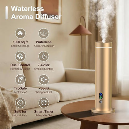 Waterless Diffuser, 1000 Sq.Ft Coverage, Essential Oil Diffuser with Tilt-Safe, Remote Control, Adjustable Mist Mode, Mood Lights Aromatherapy Diffuser for Home, Large Room, Office, Hotel, Gold