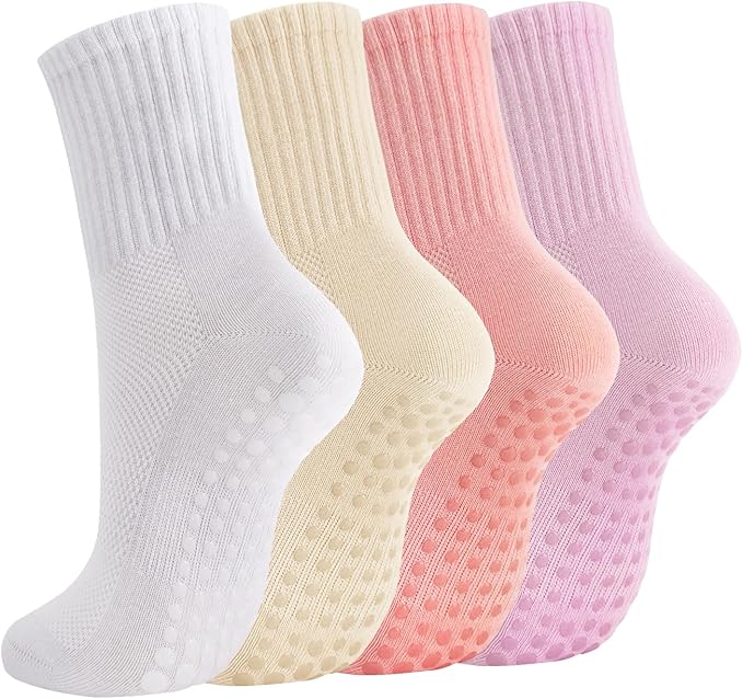 Breslatte Crew Pilates Socks with Grips for Women Non Slip Cotton Grip Socks for Yoga Hospital Barre Home Daily