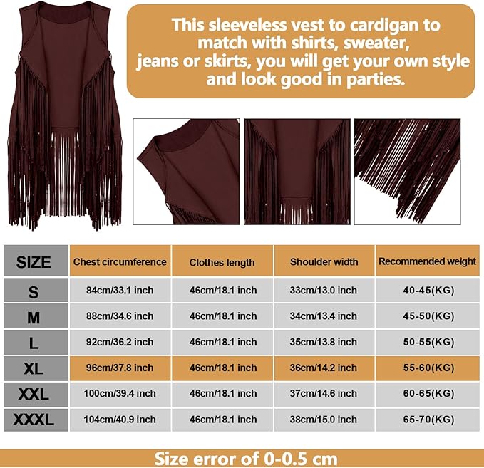 6 Pcs 60s 70s Outfits for Women Hippie Costume Set Peace Sign Earring Headband Fringe Vest Tassel Cardigan
