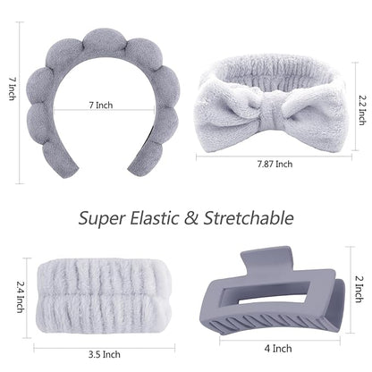 VELSCRUN Spa Headbands for Wash Face, Makeup Headband, Facial Skincare Headbands, 5 Pcs Grey Puffy Sponge Spa Headband Bow Tie Hair Band Hair Clips Wristband Set Women Girls Accessories