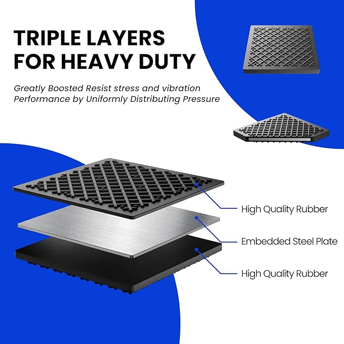 Exercise Equipment Mat 5.11x5.11x0.55in 4pcs, Heavy Duty Thick Steel Embedded Rubber Mat, Anti Slip/Noise Reduction/Vibration Resistance, Treadmills Equipment Pads, Used for Carpets, Wooden Floors
