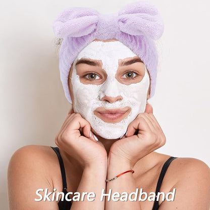 VELSCRUN Spa Headbands for Wash Face, Makeup Headband, Facial Skincare Headbands, 5 Pcs Purple Puffy Sponge Spa Headband Bow Tie Hair Band Hair Clips Wristband Set Women Girls Accessories