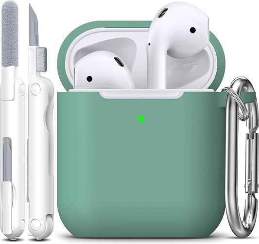 R-fun Compatible with AirPods Case Cover, Soft Silicone Protective Cover with Keychain for Women Men Compatible with Apple AirPods 2nd 1st Generation Charging Case, Front LED Visible,Pine Green