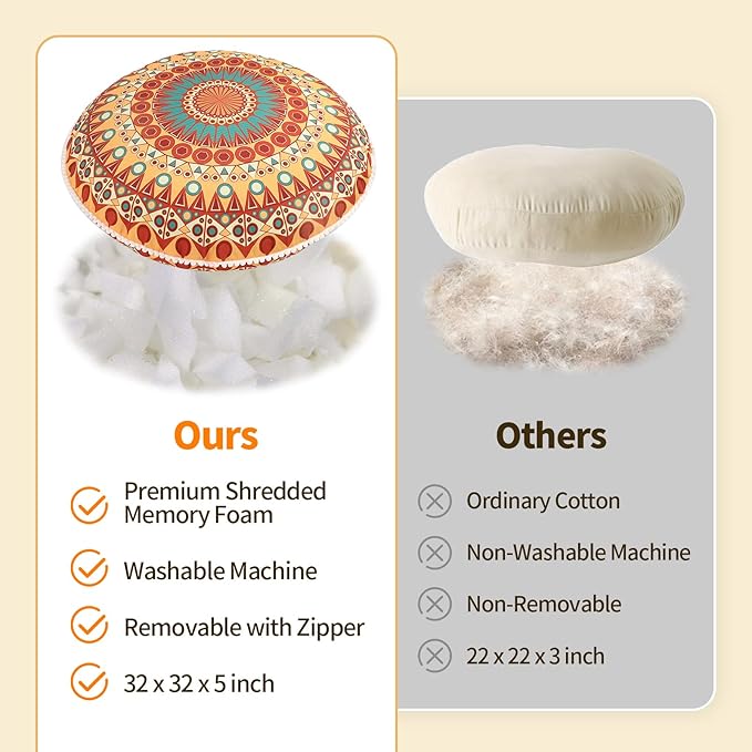 32 inches Meditation Floor Cushion for Adults, 2 Pack Round Large Thick Floor Pillow, Memory Foam Filling, Orange